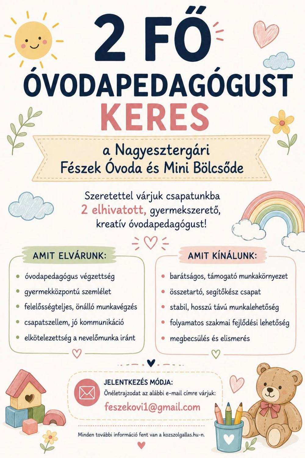 Két fő óvodapedagógust keres a Fészek Ovi