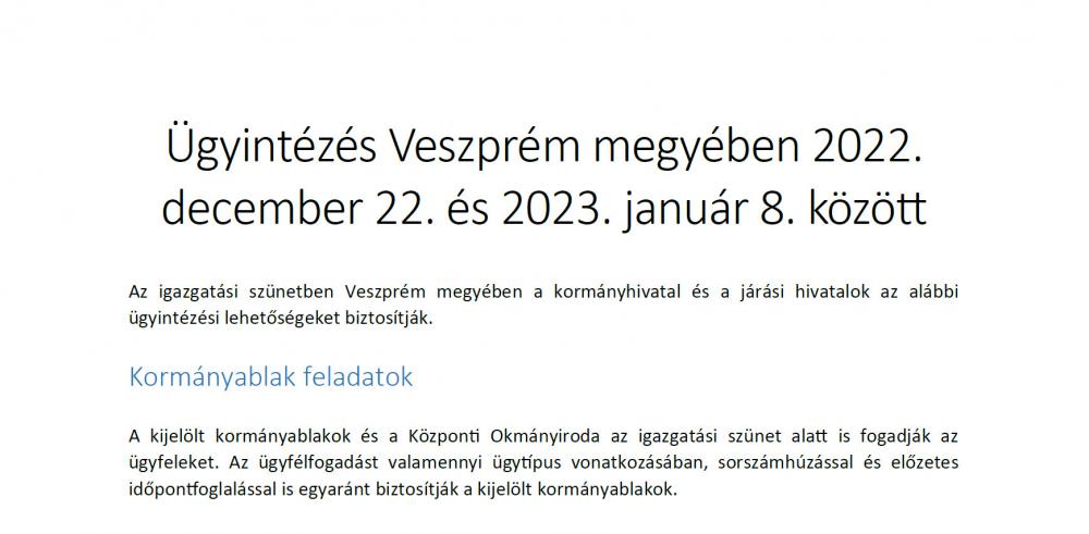 Ügyintézés Veszprém megyében 2022. december 22. és 2023. január 8. között