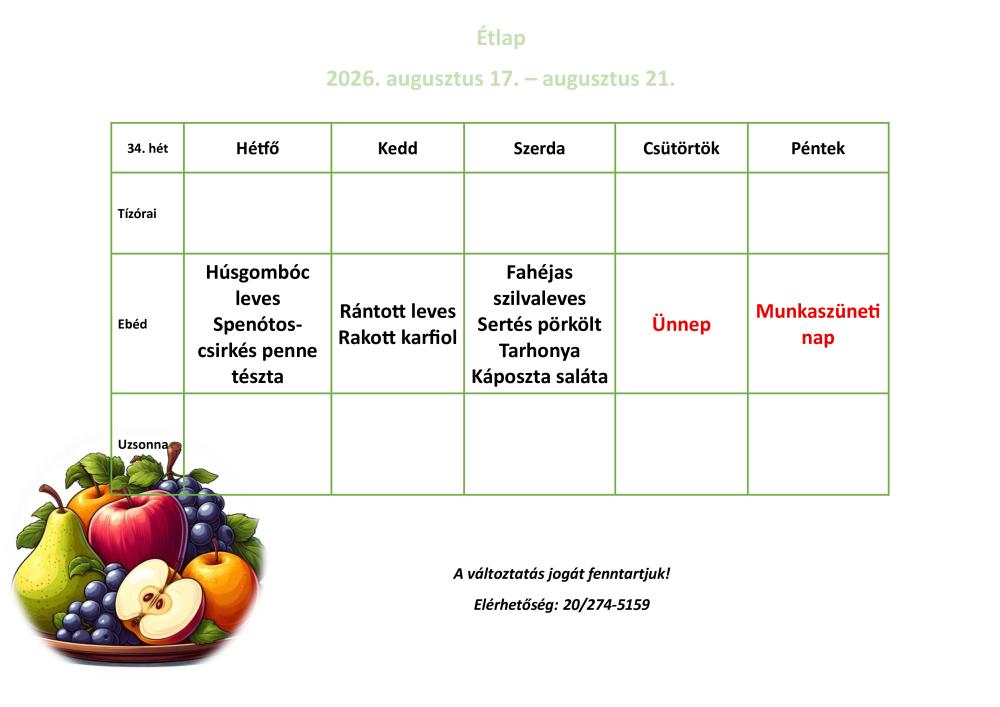 Étlap (2026. augusztus 17. – augusztus 21.)